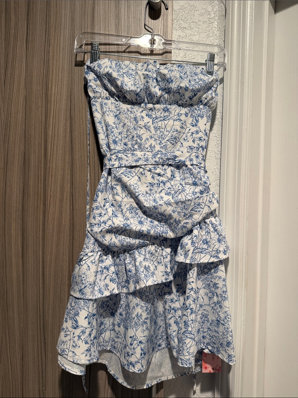 SHEIN White Strapless Mini Dress with Blue Floral Print